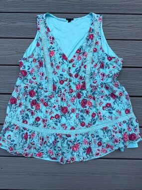 torrid Aqua Floral Lace-Trim V-Neck shirt with Pink Roses